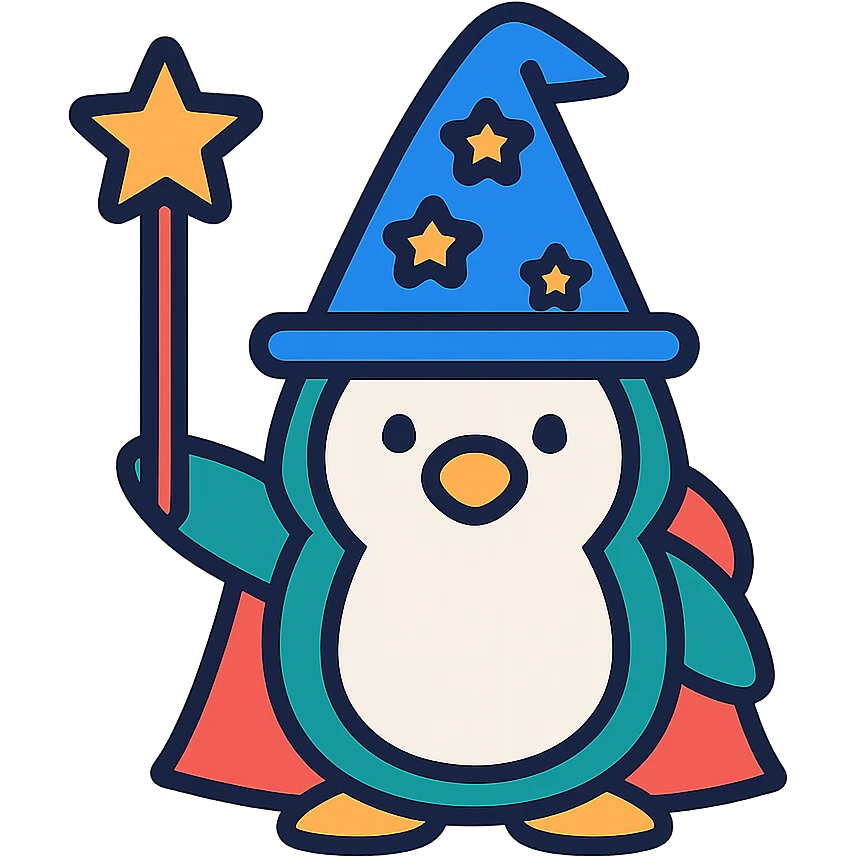 penguin wizard, colorful lineal icon with black outlines emoji