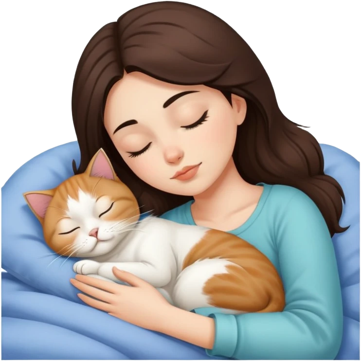 brunette girl sleeping with a persian cat emoji