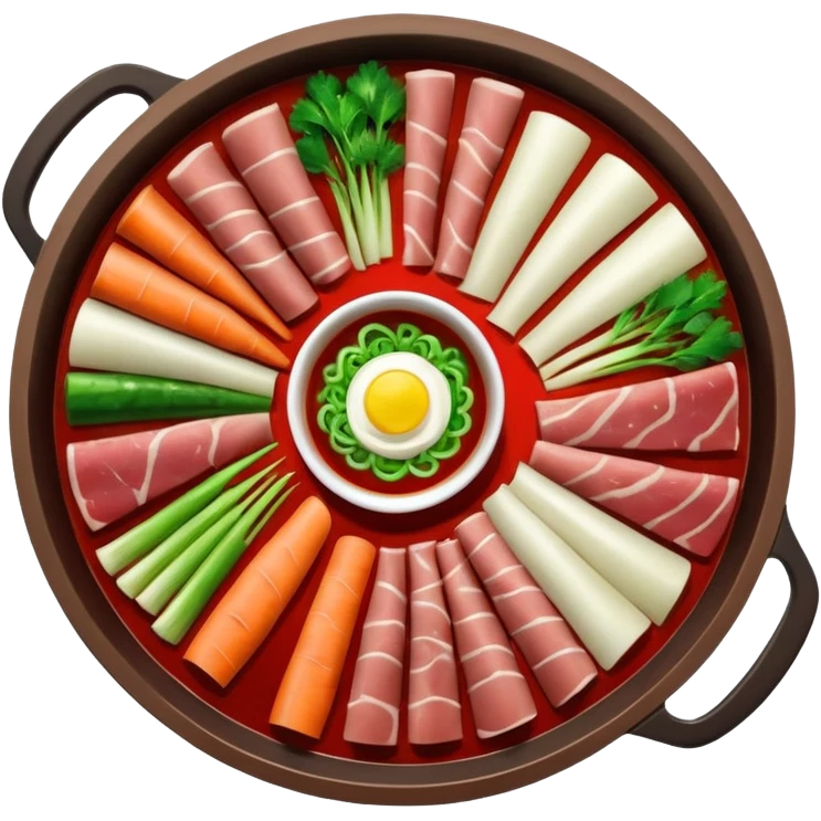 chinese hotpot, top view, vegetables and meat emoji