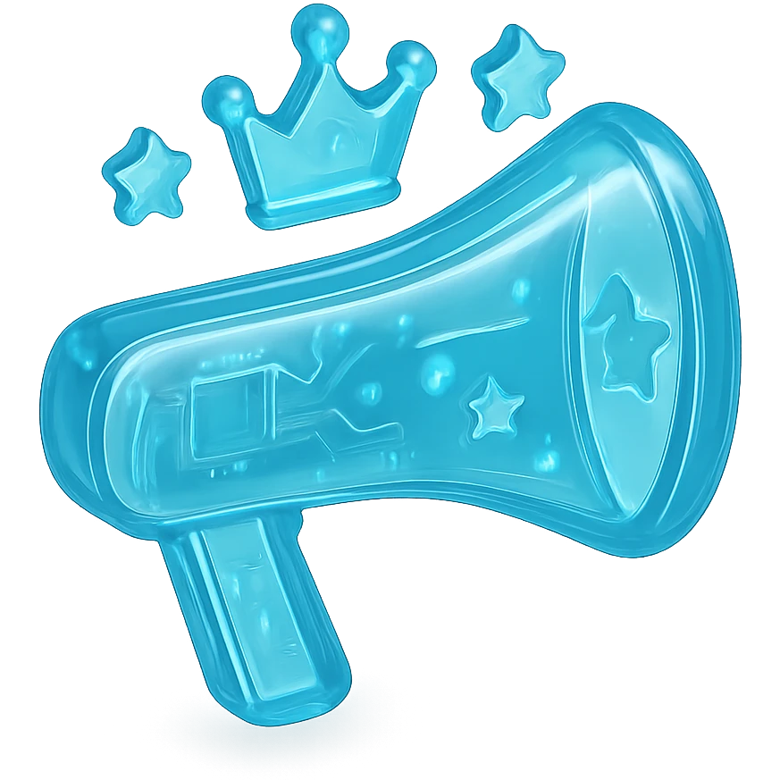 Icon of a stylized megaphone with a crown and stars, flat design, cyan blue emoji