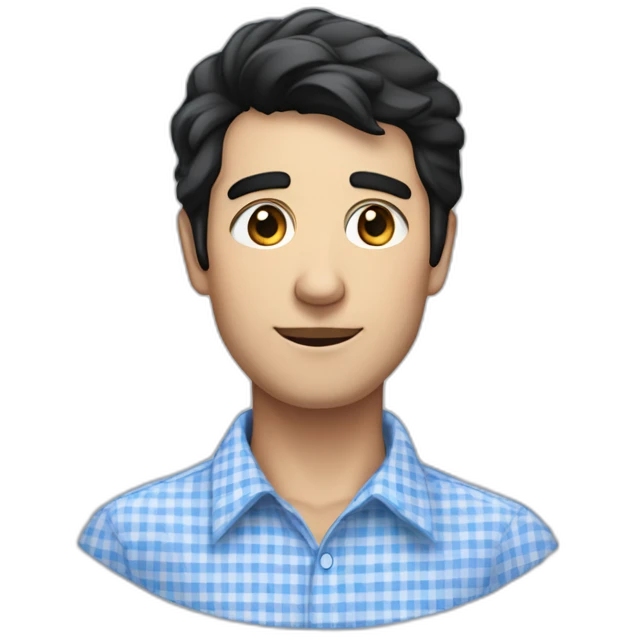 Man with black hair and a gingham white/blue buttoned collar shirt emoji