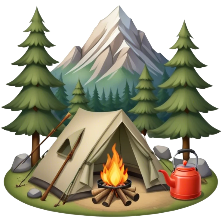 Icon for Hiking: a tent, and a kettle over a campfire, surrounded by trees and a mountain trail, a backpack, a walking stick. The icon should capture the adventure and warmth of camping. Transparent background. emoji