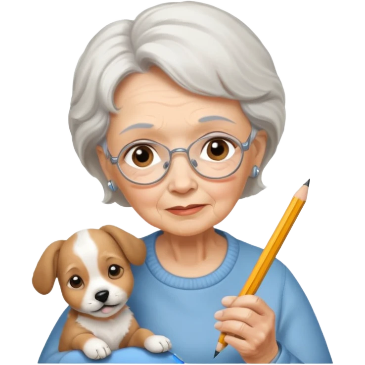An elderly woman sketching her puppy face. emoji