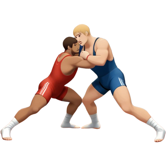 An icon representing freestyle wrestling, with two athletes engaged in a dynamic struggle on the mat. One wrestler attempts a takedown while the other counters, showcasing agility and technique. The background features a stylized wrestling ring with minimal design elements, emphasizing the action.  emoji
