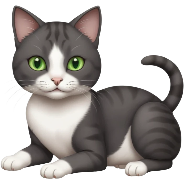 beautiful female solid dark grey cat with green eyes, white toes/paws and white patch on her chest rolling over emoji