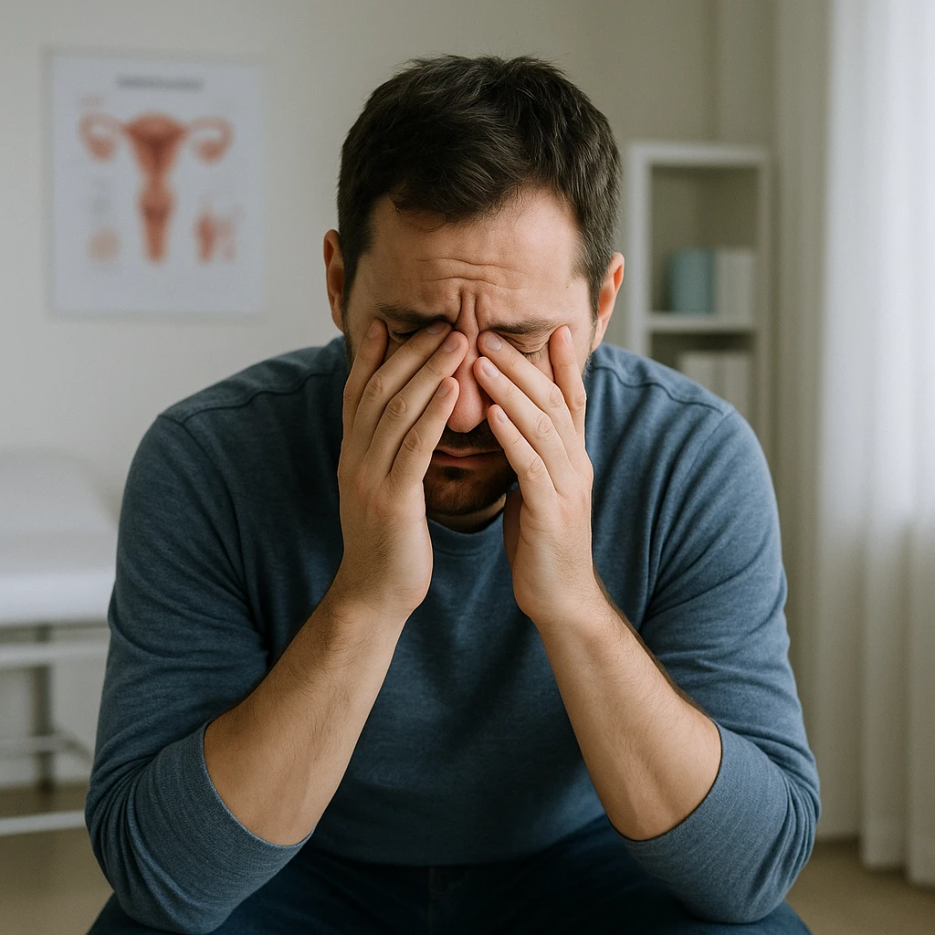 realistic image of a desperate man, looking sad and frustrated because he cannot have children, sitting alone in a medical or home setting, respectful and sensitive tone, no explicit details emoji