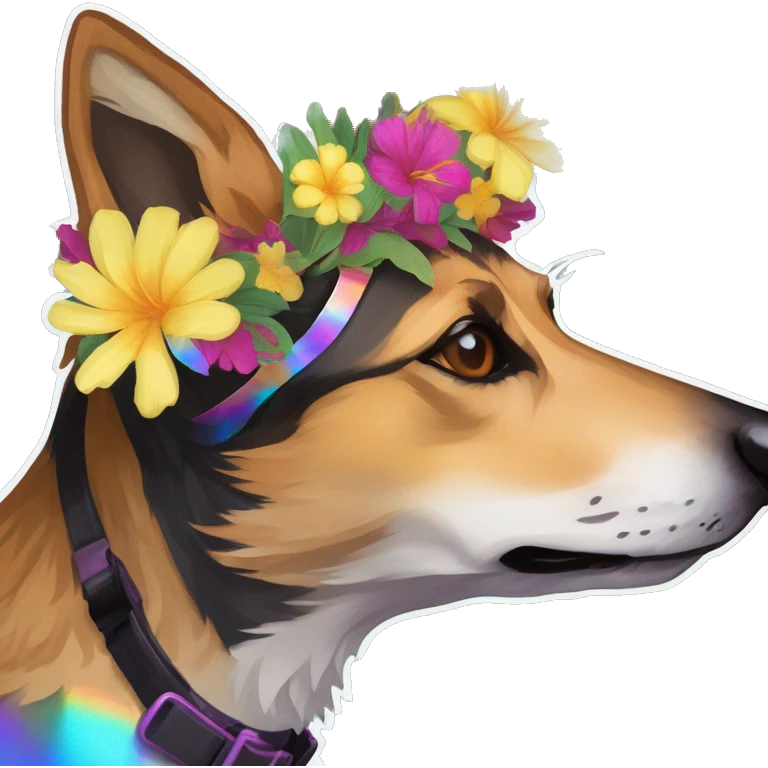  brindle brown black maroon gold lurcher Alsatian fox running blue eyes and iridescent holographic oilslick harness wearing paper iridescent tropical flower crown yellow caution tape emoji