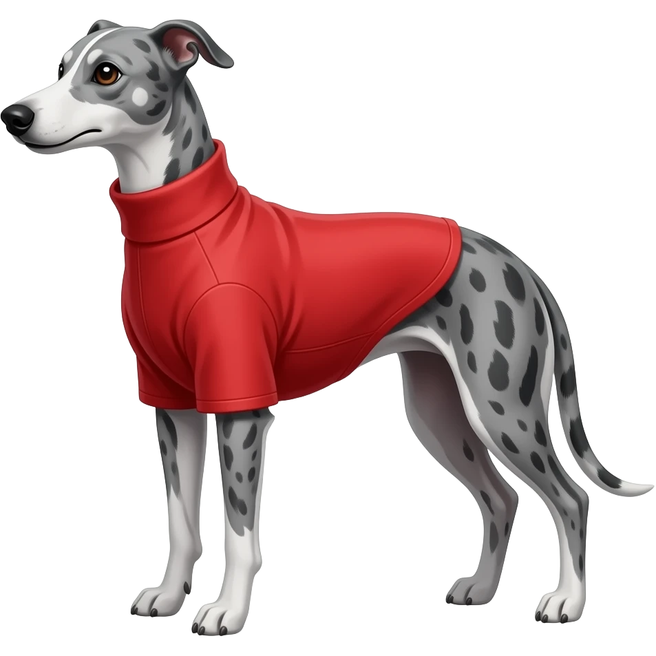 Whippet dog grey with black brindle stripes wearing a red turtleneck shirt emoji