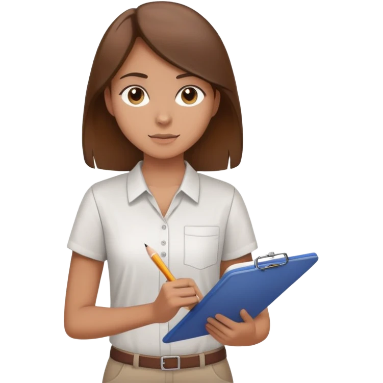 Intern or volunteer with brown hair holding a clipboard and pencil, ready to take notes or assist. The character wears a simple shirt and has an eager posture emoji