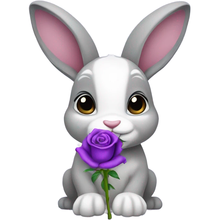 Gray and white bunny holding a purple rose emoji