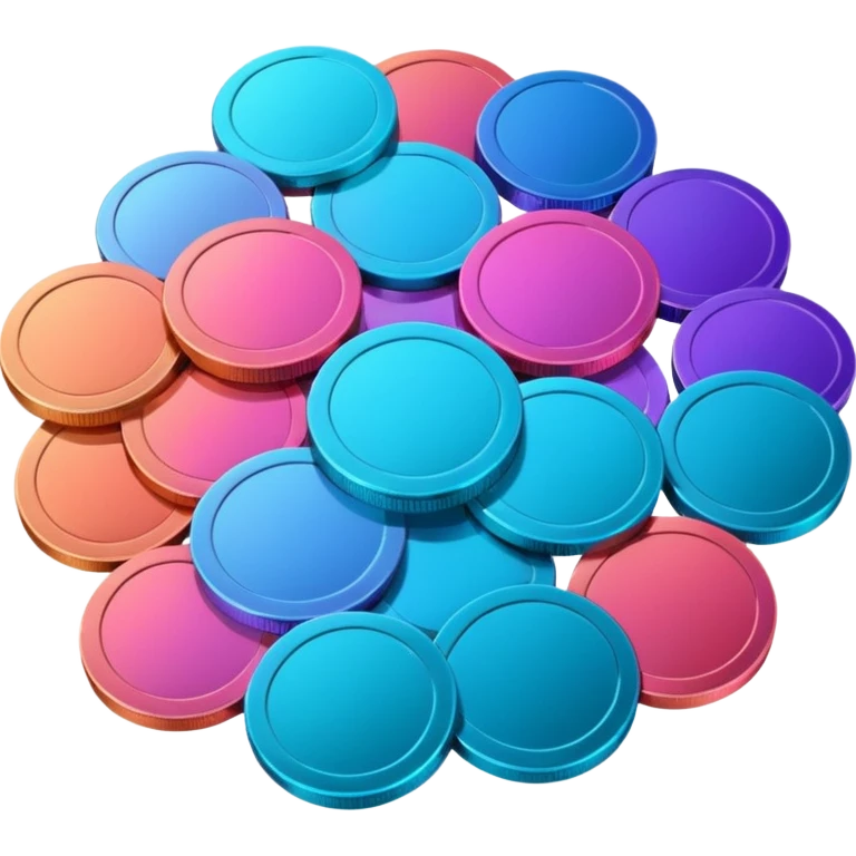 Many Coins pack 
in gradient of turquoise, blue, pink, purple, and coral
 emoji