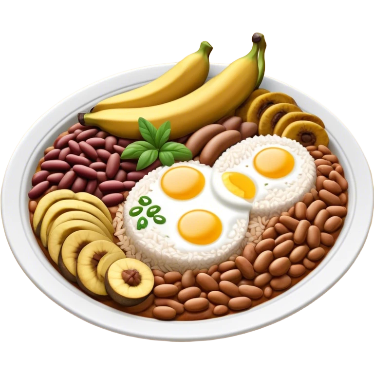Cinematic Realistic Bandeja Paisa Dish Emoji, depicted as a hearty platter featuring beans, rice, meat, and plantains rendered with detailed textures and vibrant, robust lighting. emoji