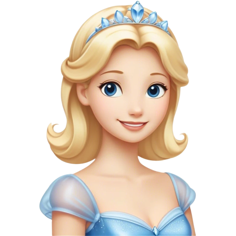 Cinematic Radiant Cinderella Portrait Emoji, rendered in a clean vector-style with bold proportions. Show Cinderella with a warm, serene smile, fair skin, and lustrous blonde hair, wearing a simple yet elegant dress that shimmers with gentle light. The image glows with an inviting, soft radiance and high shine, embodying timeless beauty. emoji