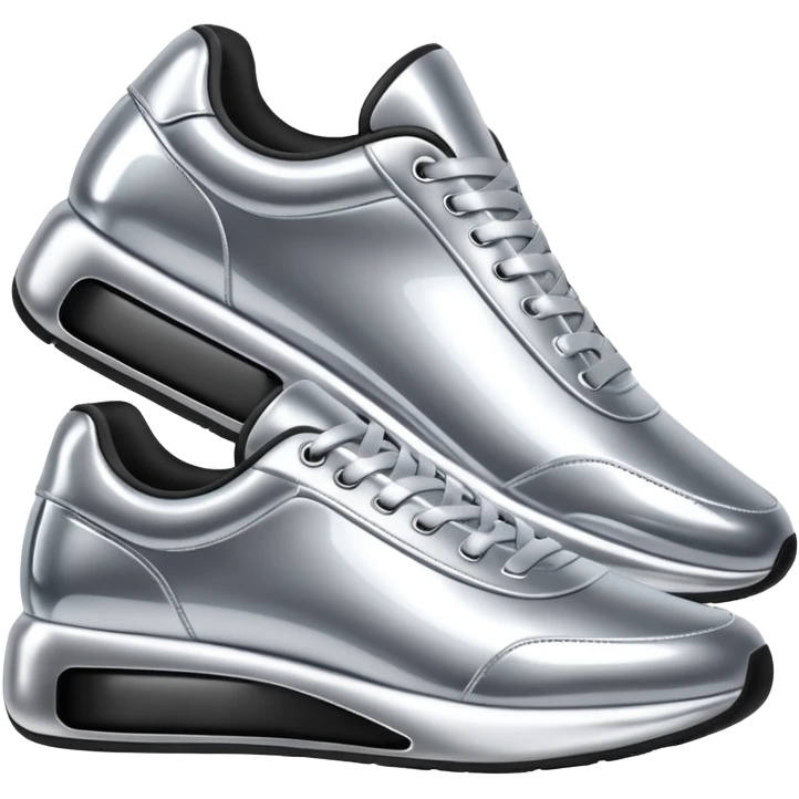 A pair of futuristic sneakers emoji made of silver chrome, sleek streetwear design, smooth metallic panels, subtle reflections, luxury swag aesthetic, iOS emoji style, centered, clean white background emoji