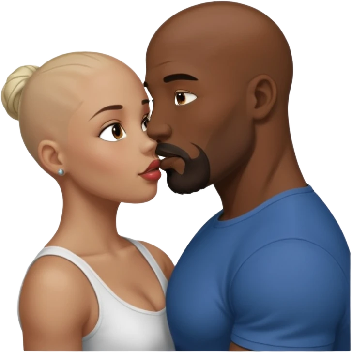 Bald black muscular goatee man kissing white brunette girl emoji