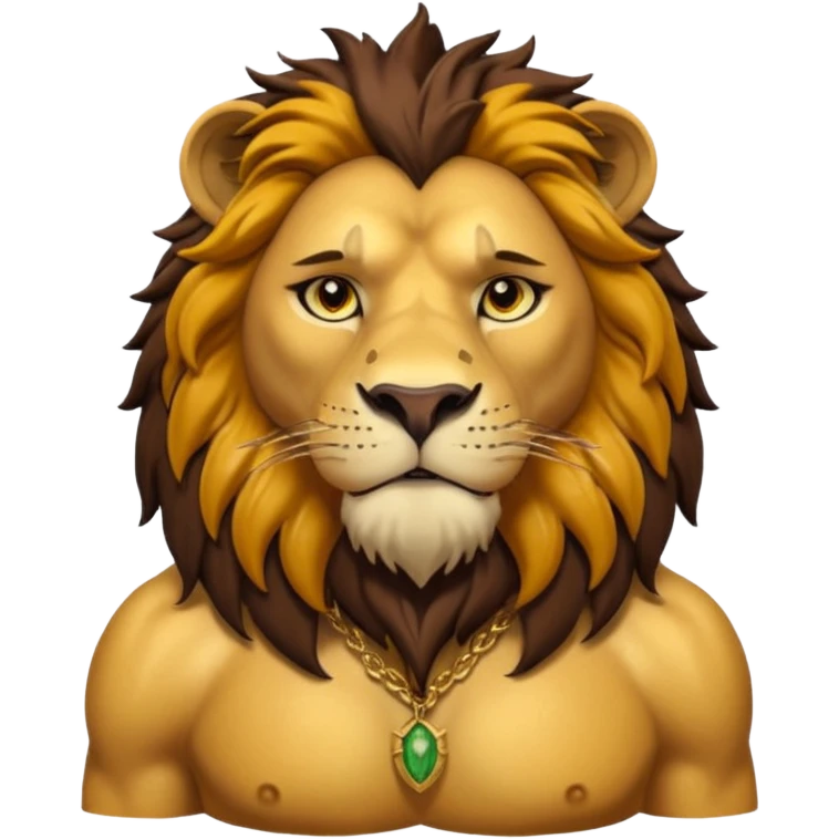 3D cartoon style, vertical 9:16. A dense green jungle with tall trees, morning sunlight beams through leaves, light fog. In the center stands a 5.5 ft strong muscular lion with golden fur, dark brown mane, amber eyes, light battle scars, no clothes, calm expression emoji