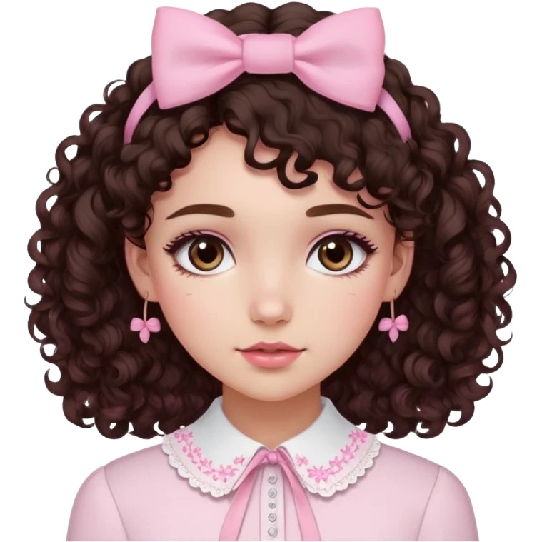 A fair-skinned girl with dark brown curly hair, wearing soft natural pink-toned makeup. She is dressed in a fitted long-sleeve white cotton blouse with tiny pink embroidered bows on the collar. She also wears a pink headband. emoji