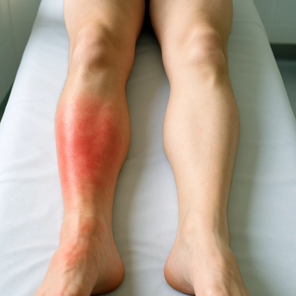 Hyperrealistic human legs in the process of reducing inflammation: the skin appears increasingly healthy, redness and swelling visibly decreasing, with areas transitioning from red to normal skin tone. Clinical atmosphere, natural lighting, 4K details. The scene conveys healing and relief process. emoji