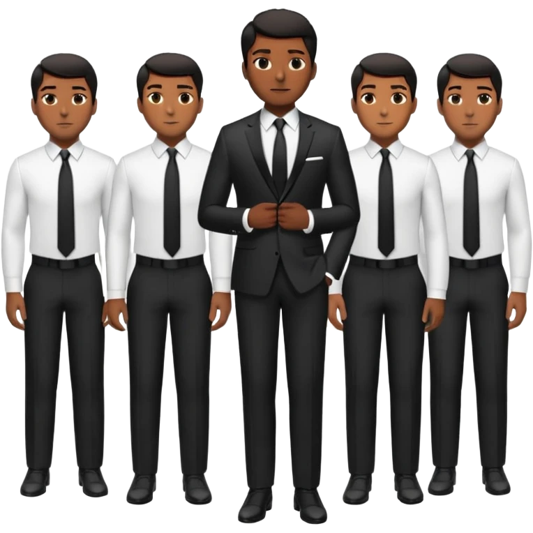 A full-body digital illustration of a Black man wearing a well-fitted dark suit, white dress shirt, and a black tie. He has short, neatly groomed hair and a confident yet approachable expression. Multiple versions of this man are standing side by side in a row, each in a different pose. emoji