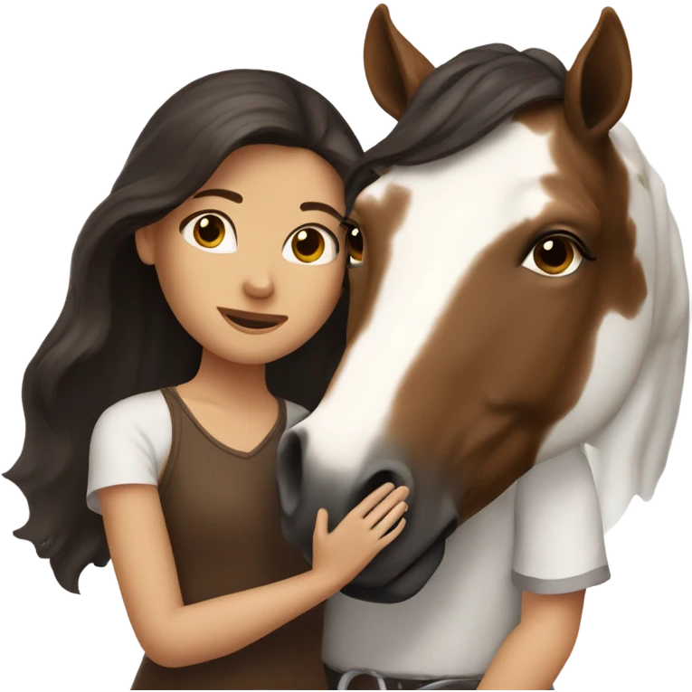 Girl with dark brown hair hugging brown horse with white spots  emoji