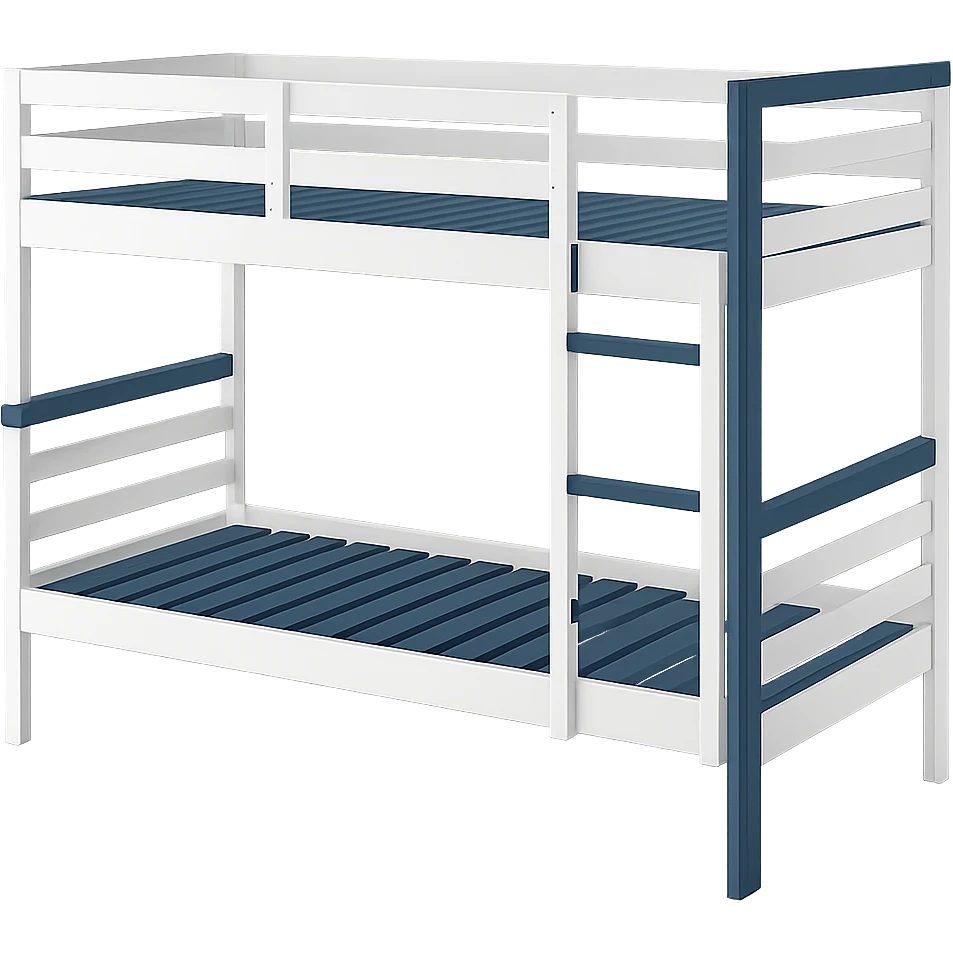 Remove the background from the image. Keep the modern bunk bed with a white frame and blue highlights, simple and modern look. No background should remain. emoji