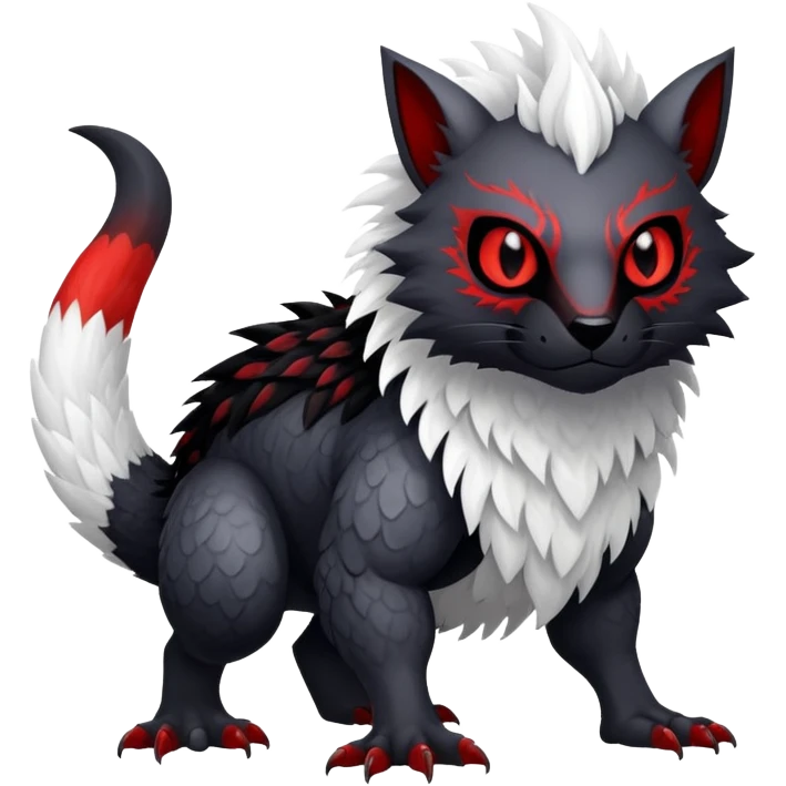 a white exotic edgy vernid-fionbr-Fakémon-creature, with black belly and red eyes, full body emoji