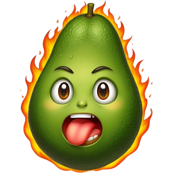 An avocado burning in flames, biting its lips emoji