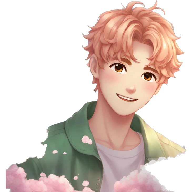 Gorgeous bright sparkly anime style shojo guy with blushing face and flowers aesthetic trending style outside emoji