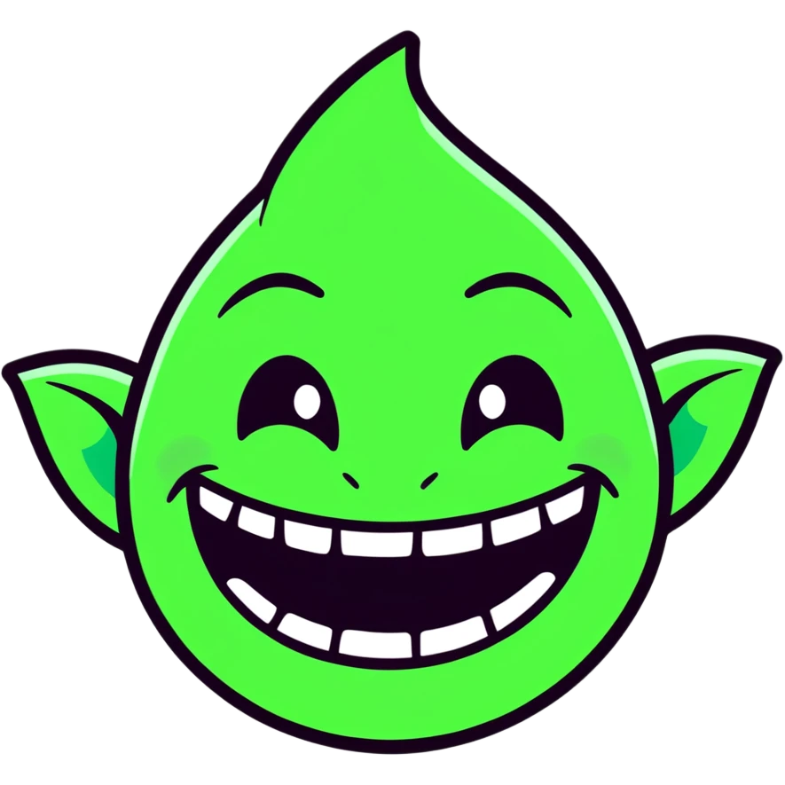 Troll face emoji with green glowing eyes and shiny teeth emoji