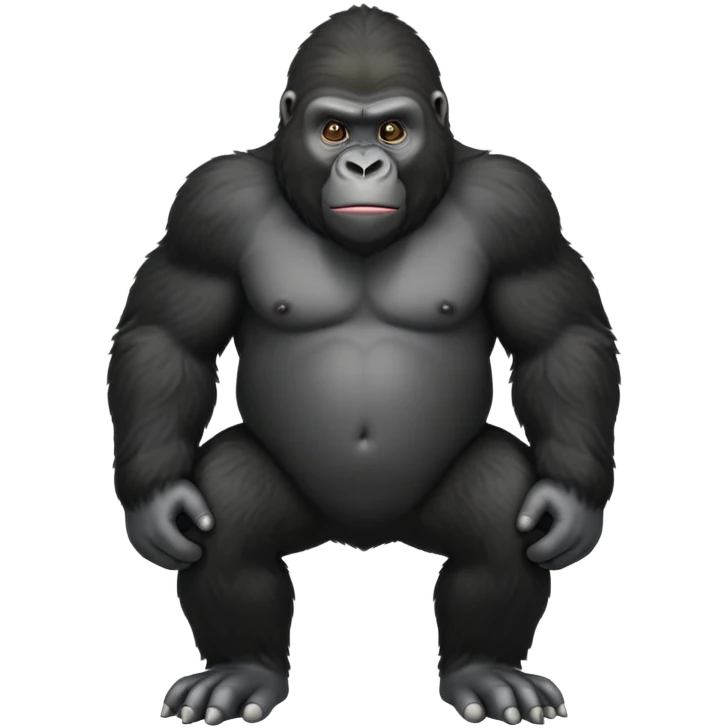 cinematic-friendly relaxed young gorilla-realistic-full-body-crouched on all fours on knuckles-emoji,-poised-with-confidence,-massive-arms-hanging-slightly-forward,-head-tilted-thoughtfully,-thick-black-fur, friendly ,-simplified-yet-realistic emoji