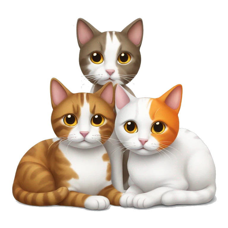 Three cats sitting together one brown, one white, one orange and white emoji