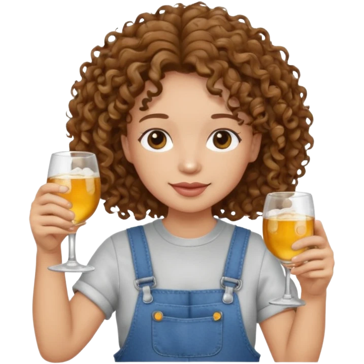 Curly haired curl with brown hair and light skin in overalls toasting with alcohol emoji