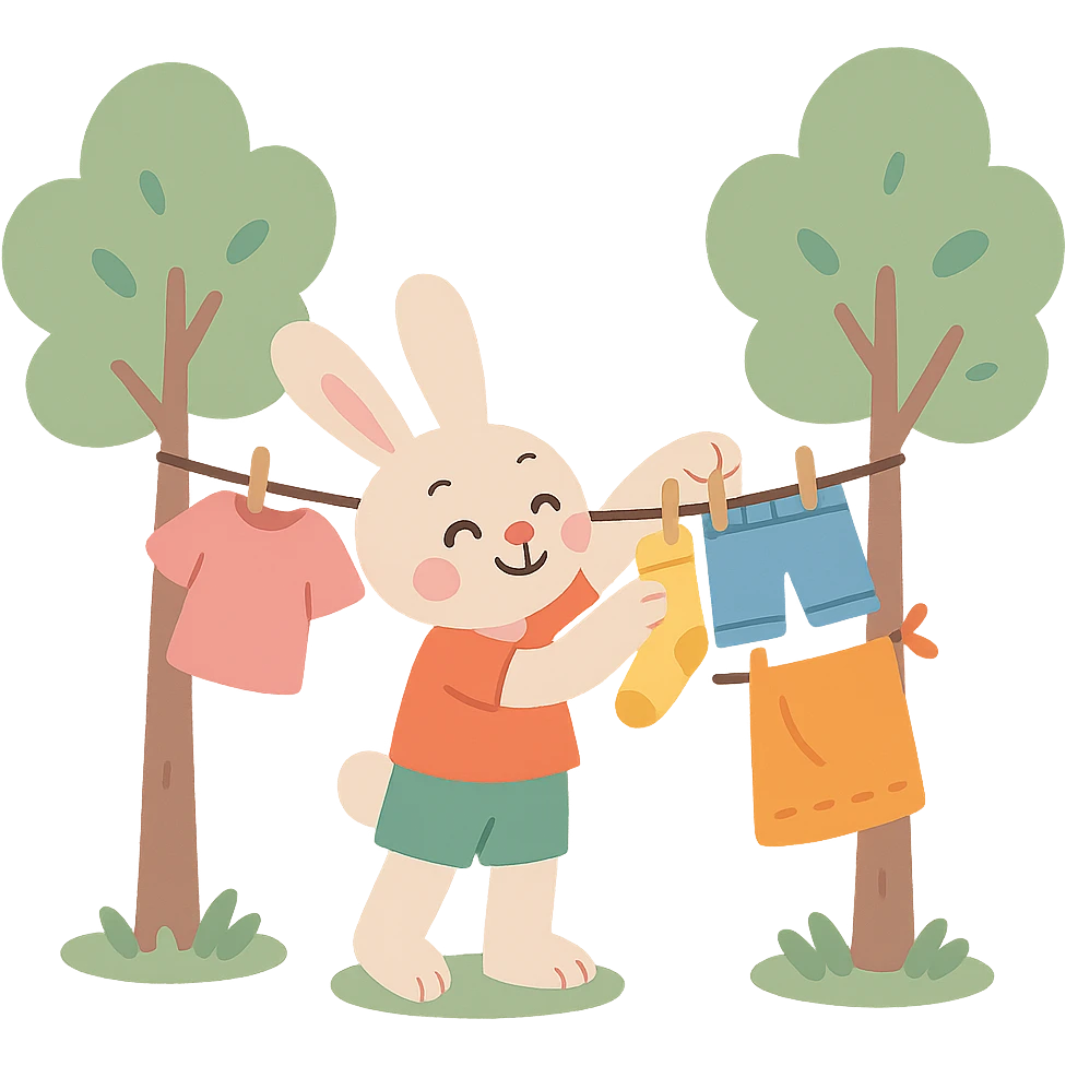 a bunny hanging laundry between trees, calming domestic forest feel, soft pastel colors emoji