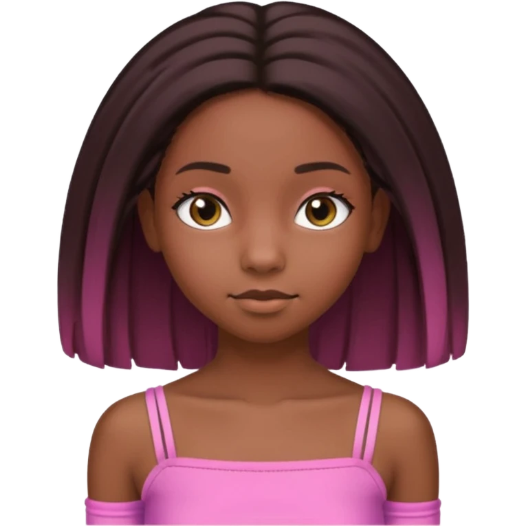 A black 12 yr old girl brushing her shoulder length hair, doe eyes, almond eyes pink tube top and black hair like the 3rd. The first one but hair straight and long and close to body emoji
