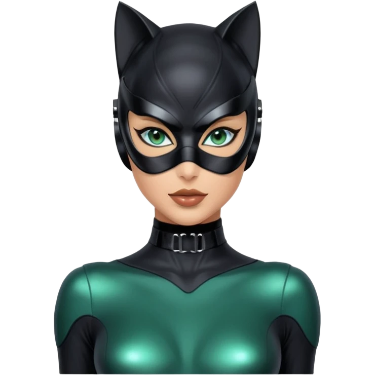 Full body Futuristic Catwoman blue green eyes with shiny patent leather mask, long false eyashes, most incredible highly detailed Futuristic seductive overall appearance  emoji