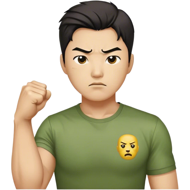A determined Korean man in a greed shirt, clenching his fist with a confident expression. Emoji-style digital illustration emoji