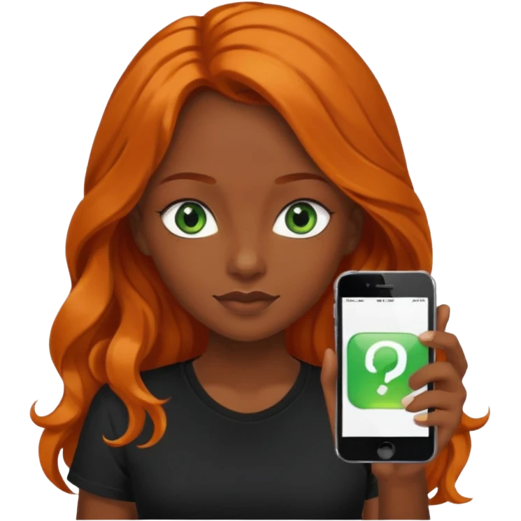 Girl with dark long orange wavy hair, green eyes, and black t-shirt and phone with app on hand emoji