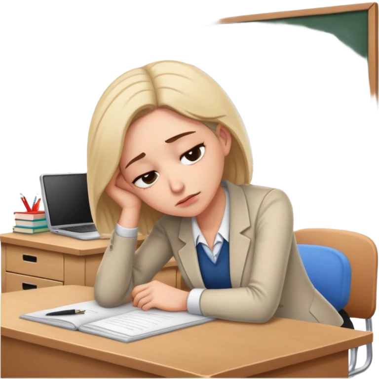 Exhausted female teacher with head down on classroom desk emoji