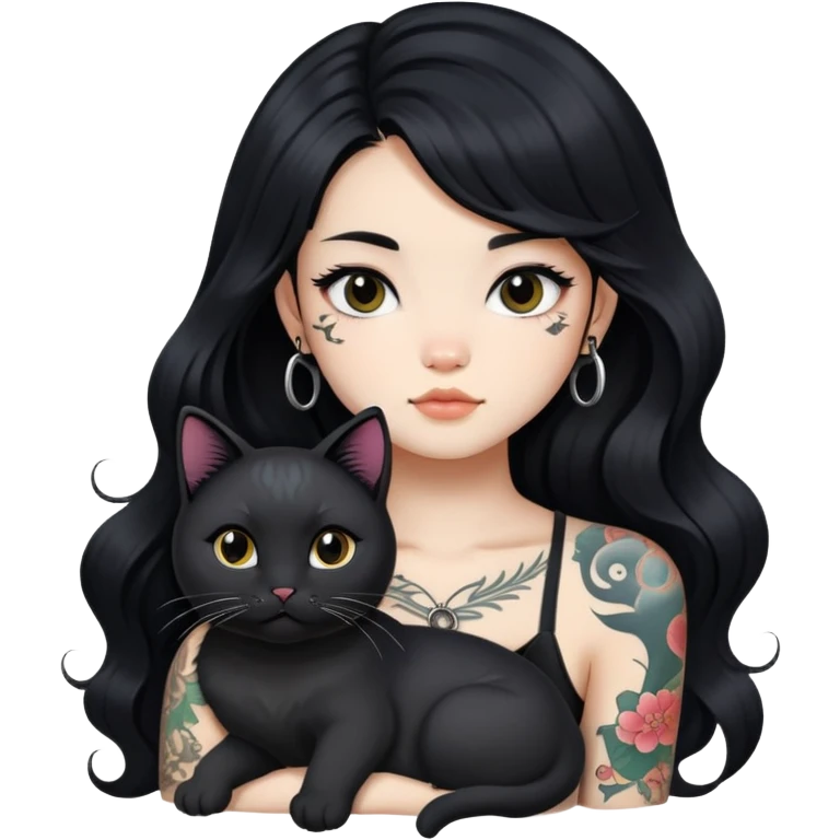 a Chinese girl with long black  Big Wave hair and tattoos and a black round faced cat  emoji