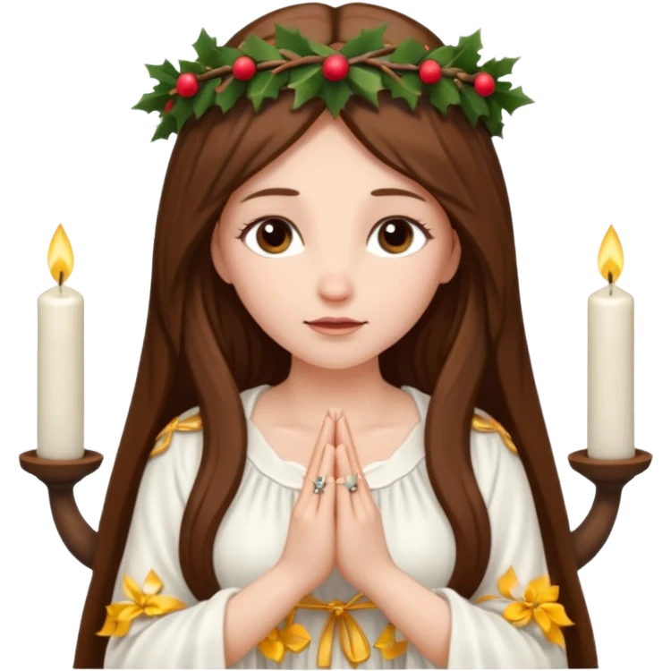 brown long haired white women with white gown and advent wreath with 5 candles on the head and praying hands  emoji