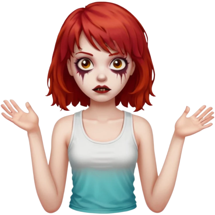 Uma menina de cabelo vermelho com franja, que seja uma zombie, e que esteja vestindo uma regata branca, cabelo médio e liso mais enrolado nas pontas  emoji