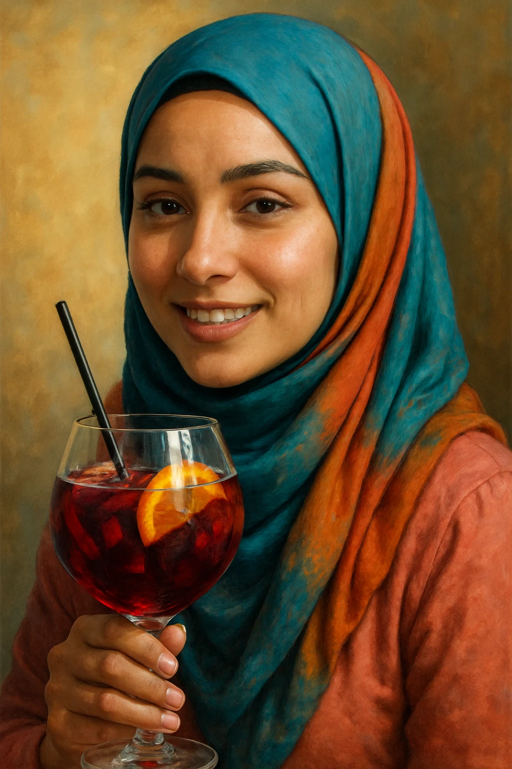 A woman wearing a hijab holding a glass of sangria emoji
