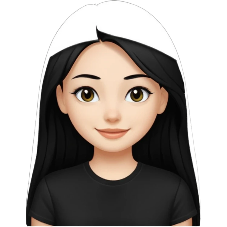 a pretty bratz fair girl with straight long black hair, wearing a black tshirt, smiling, eyeliner on emoji