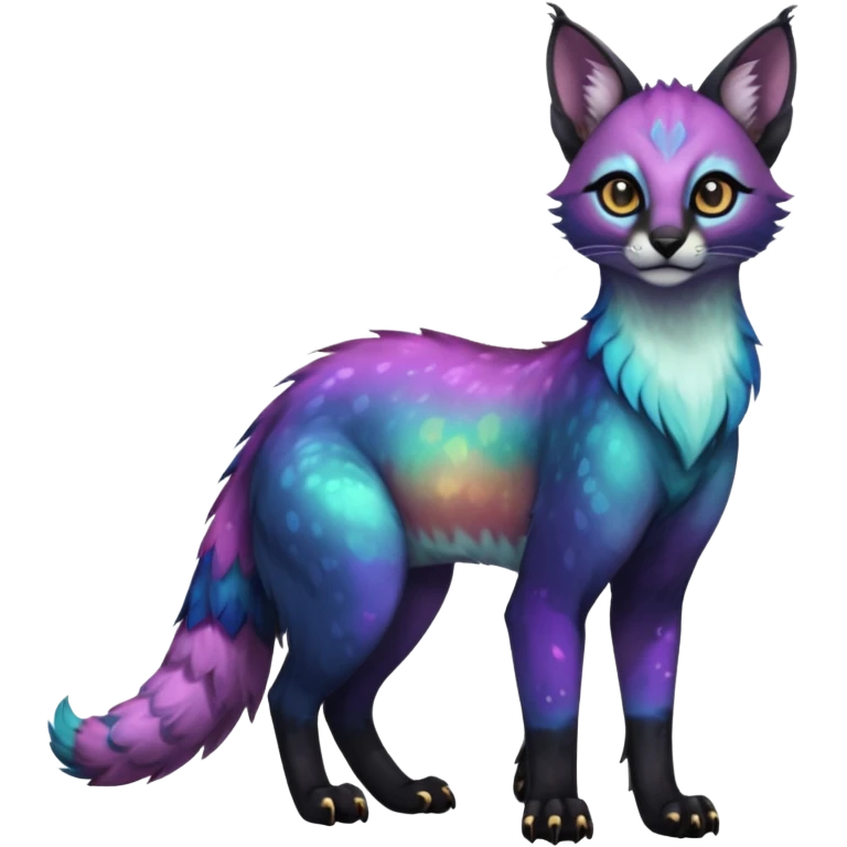 Colorful dark tropical iridescent nebulae exotic cute cool beautiful shiny beautiful fantasy-caracal-civet-genet-sergal-vernid-Gryphon-Cacomistle-Trico-oncilla-animal-Fakémon-hybrid-fursona (full body) emoji