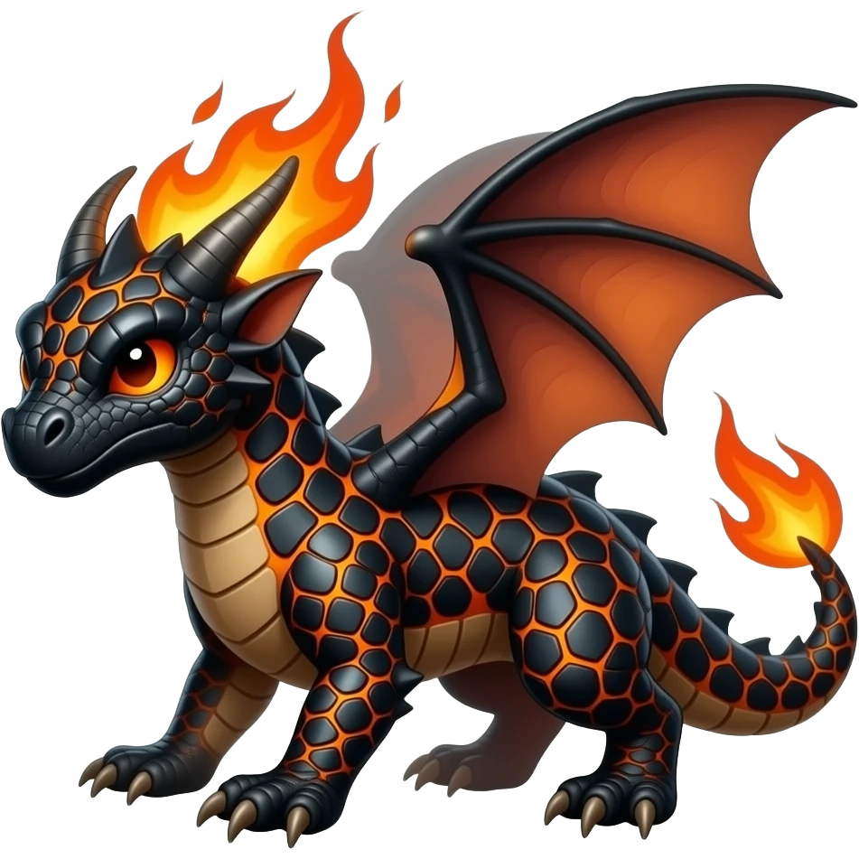 A small draconic creature covered in black scales with molten orange lines between them. It puffs sparks when annoyed and can flare into a blazing glide. emoji