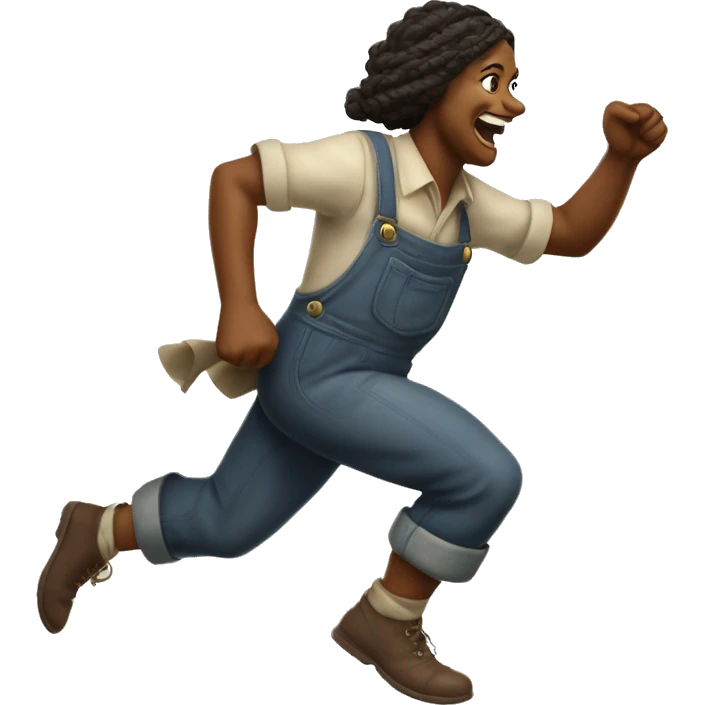 huckleberry Finn Pagan goddess sprinting, in overalls, with a large stride and arms outstretched emoji