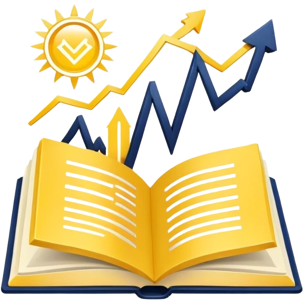 A yellow productivity book with navy blue and gold details, and chart with upward trend aura, radiating productivity, strategy, and success in motion with time and happiness yellow... power in time aura of happiness emoji
