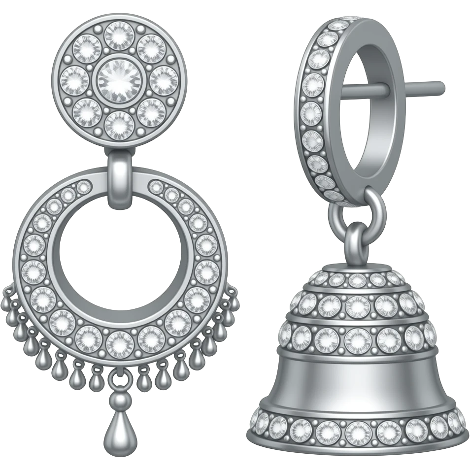 One single jhumka in silver colour top circle plate not ring , down upside down bell shaped silver , cover the top ring inside with stones , top ring also with the same stones make the topper ring smaller emoji