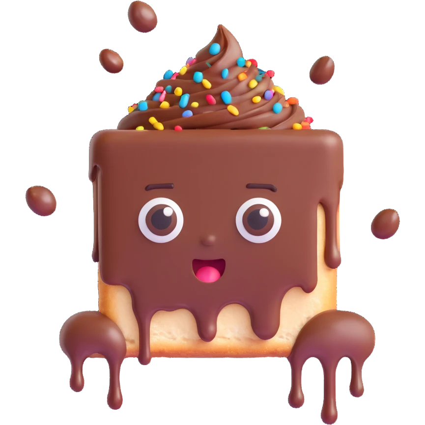 Rectangular chocolate mini pastry, messy chocolate dripping, sprinkles flying, surprised eyes, open mouth, text above: "ПАСТИЧКА", chibi style, Twitch emoji style, transparent background, colorful
 emoji