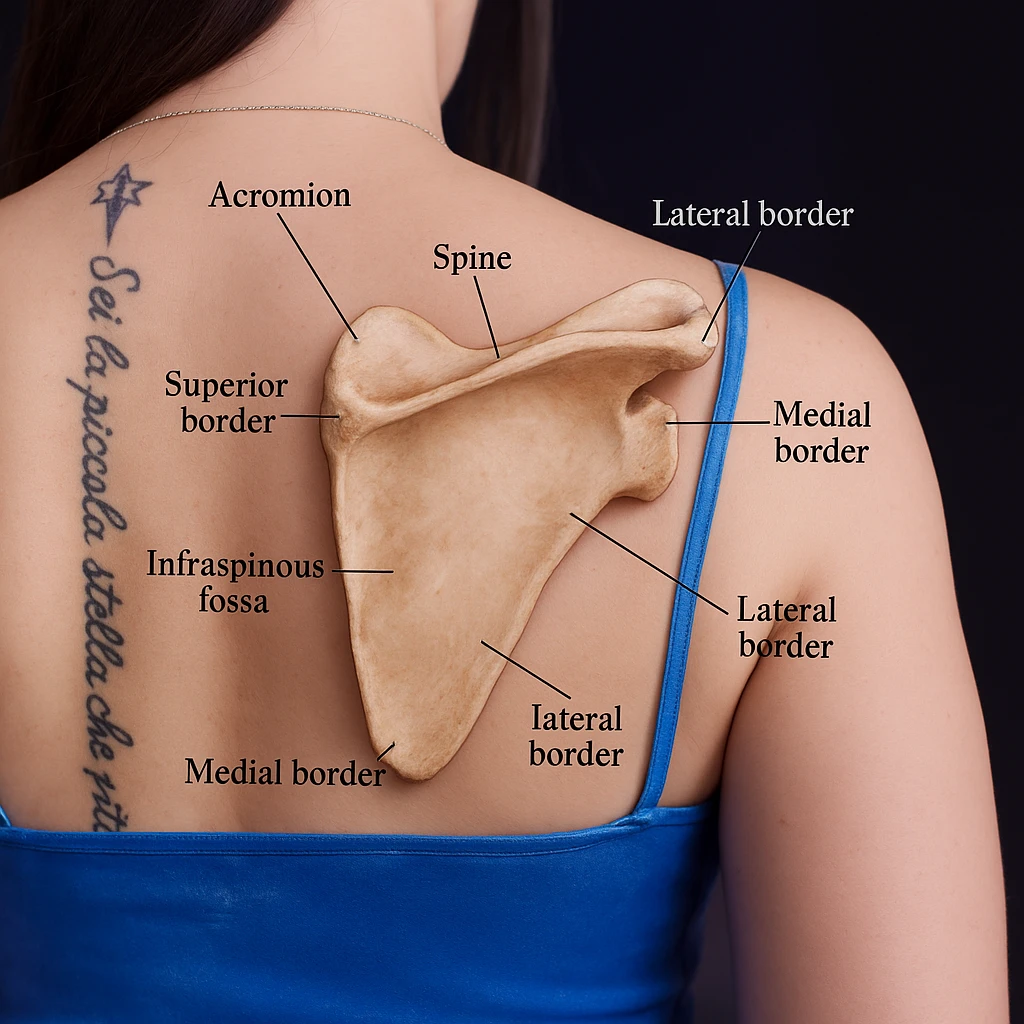 Add anatomically accurate scapulae on the woman's back in a realistic style, including anatomical labels indicating the main parts of the scapulae. The image should have clear and educational labeling for anatomical study. emoji